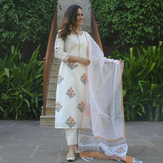 White & Yellow Fancy Kurti With Bottom Dupatta set Dropshipera