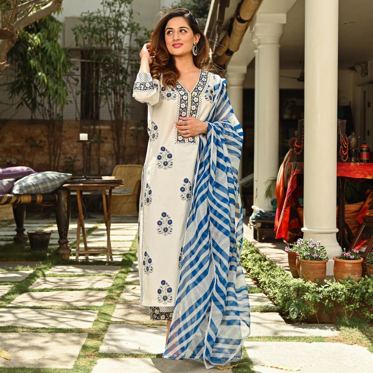 White & Blue Fancy Kurti With Bottom Dupatta set Dropshipera