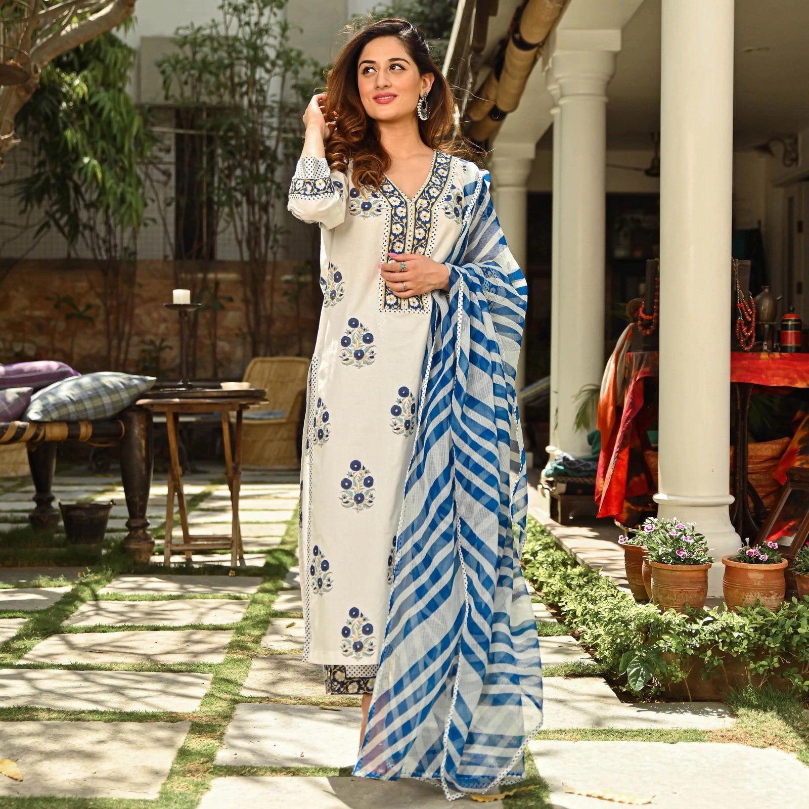 White & Blue Fancy Kurti With Bottom Dupatta set Dropshipera