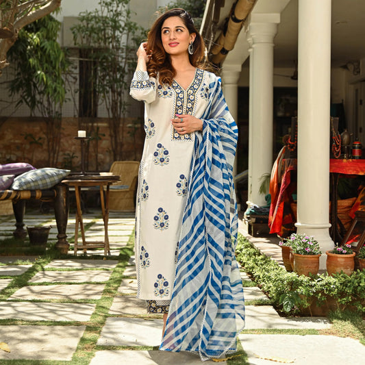 White & Blue Fancy Kurti With Bottom Dupatta set Dropshipera