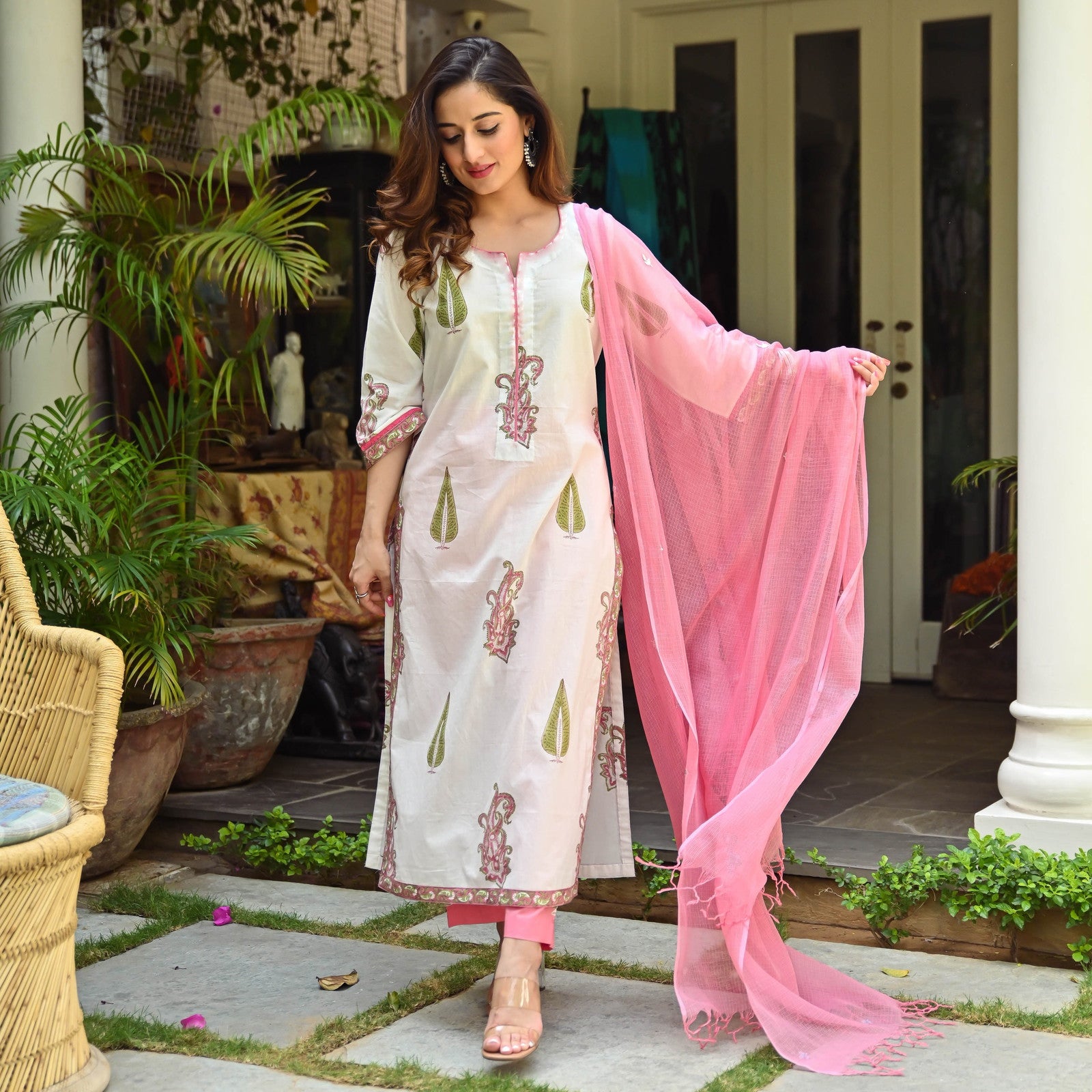 Pink & White Regular wear Kurti With Bottom Dupatta set Dropshipera