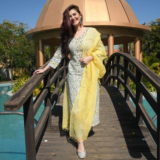 Yellow & White Fancy wear Kurti With Bottom Dupatta set Dropshipera