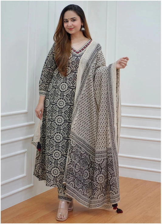 Cream & Black Fancy wear Kurti With Bottom Dupatta set Dropshipera