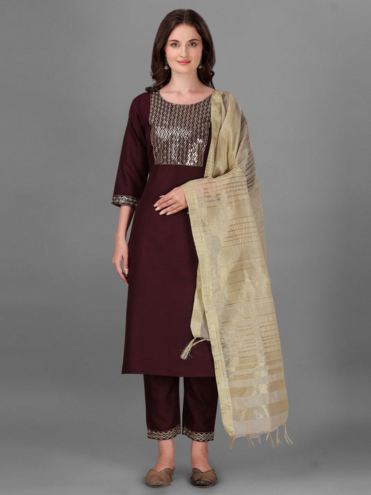 Womens Maroon Colour Cotton Kurta Pant With Dupatta Set Dropshipera