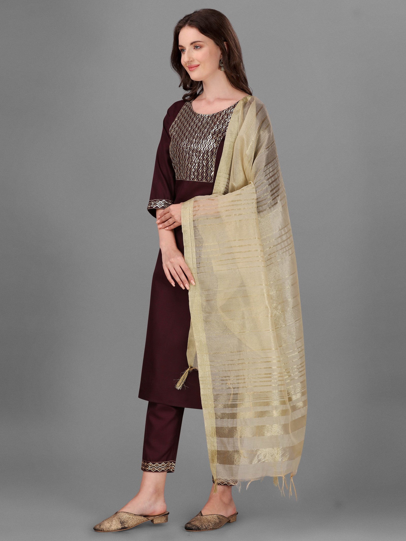 Womens Maroon Colour Cotton Kurta Pant With Dupatta Set Dropshipera