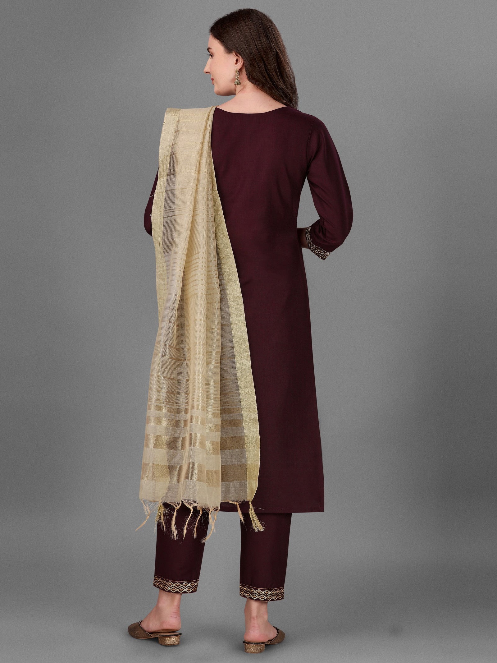 Womens Maroon Colour Cotton Kurta Pant With Dupatta Set Dropshipera