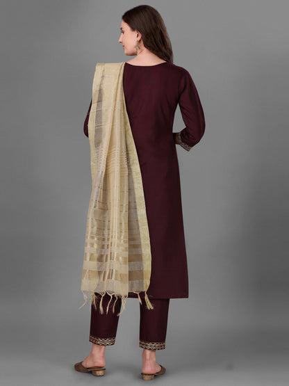 Womens Maroon Colour Cotton Kurta Pant With Dupatta Set Dropshipera