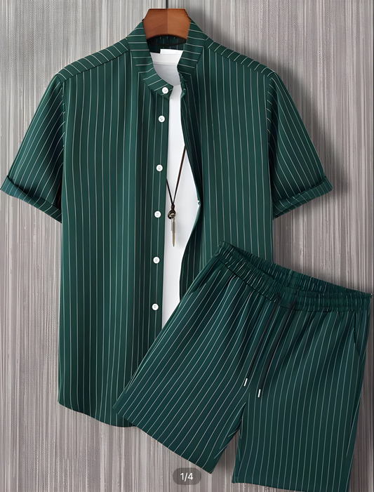 Green Plain Men's Shirt And Shorts Set Short Sleeve Dropshipera