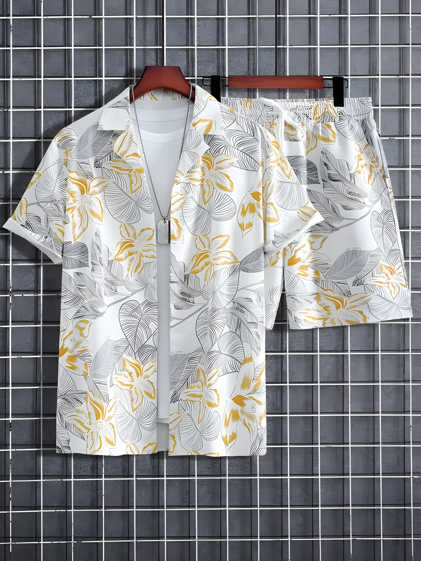 Floral Print Men's Shirt And Shorts Set Short Sleeve Dropshipera