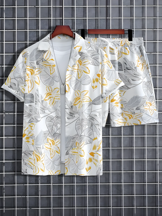 Floral Print Men's Shirt And Shorts Set Short Sleeve Dropshipera