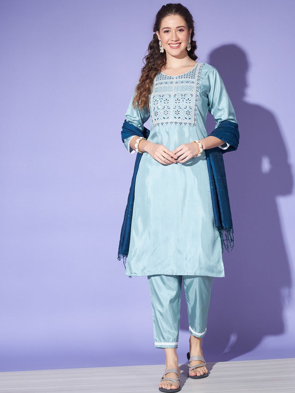 Women's Blue Colour South Silk Kurta Pant With Dupatta Set Dropshipera