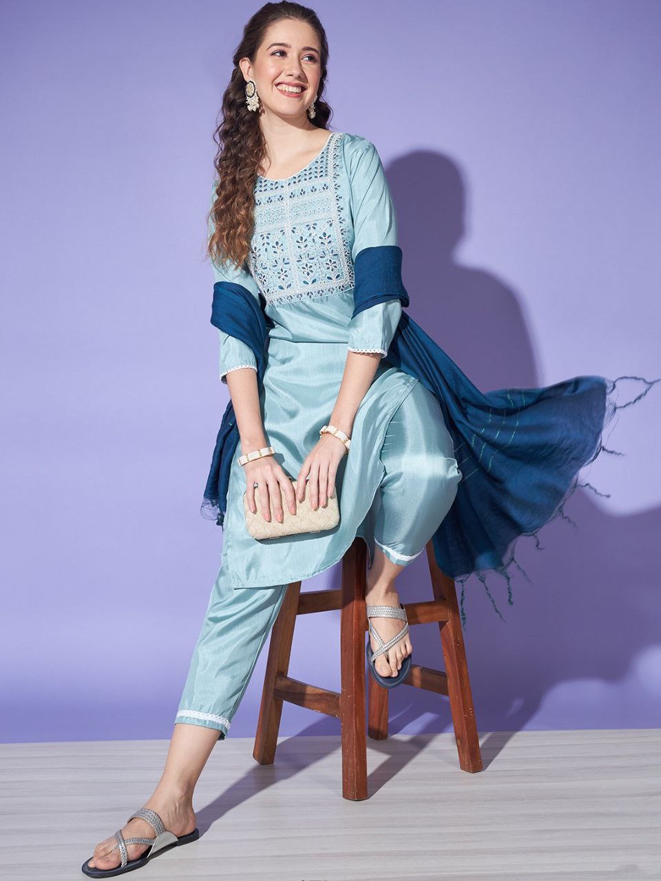 Women's Blue Colour South Silk Kurta Pant With Dupatta Set Dropshipera