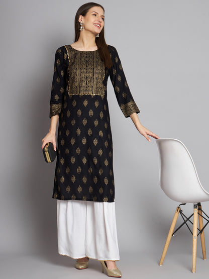 Black Colour Reyon Foil Print Party Wear Kurta Sharara Set Dropshipera