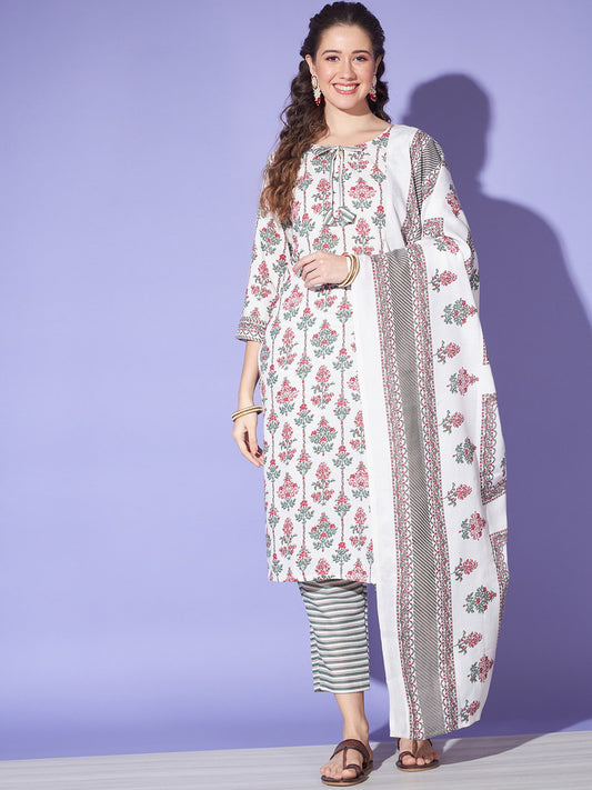 White Colour Cotton Jaipuri Printed Casual Wear Kurta Pant Dupatta Set For Women's Dropshipera