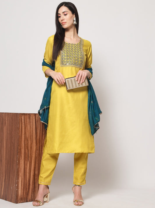 Lemon Colour Cotton Embrodared Casual Wear Kurta Pant Dupatta Set For Women's Dropshipera