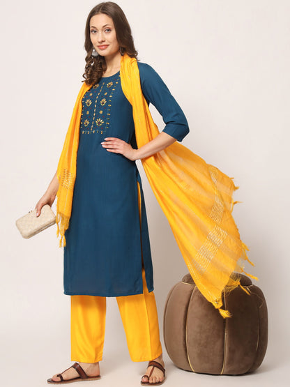 Blue Colour Reyon Embroidery With Mirror Casual Wear Kurta Pant Dupatta Set For Women's Dropshipera
