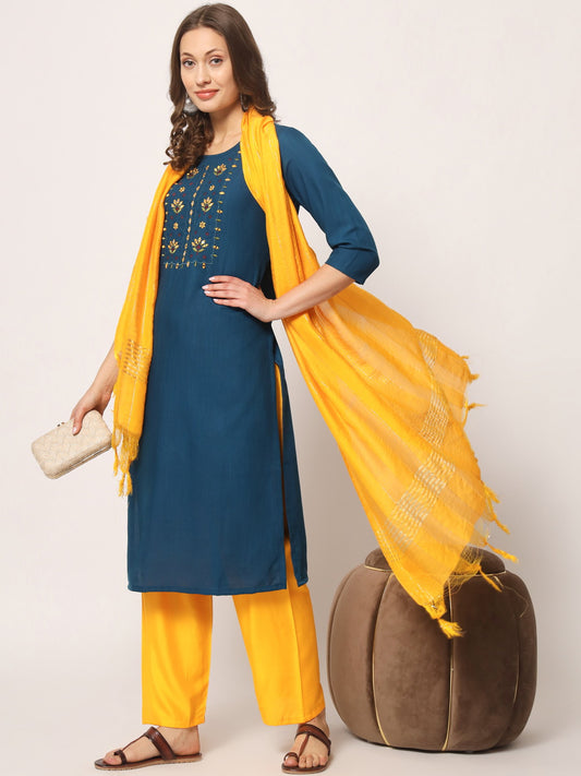 Blue Colour Reyon Embroidery With Mirror Casual Wear Kurta Pant Dupatta Set For Women's Dropshipera