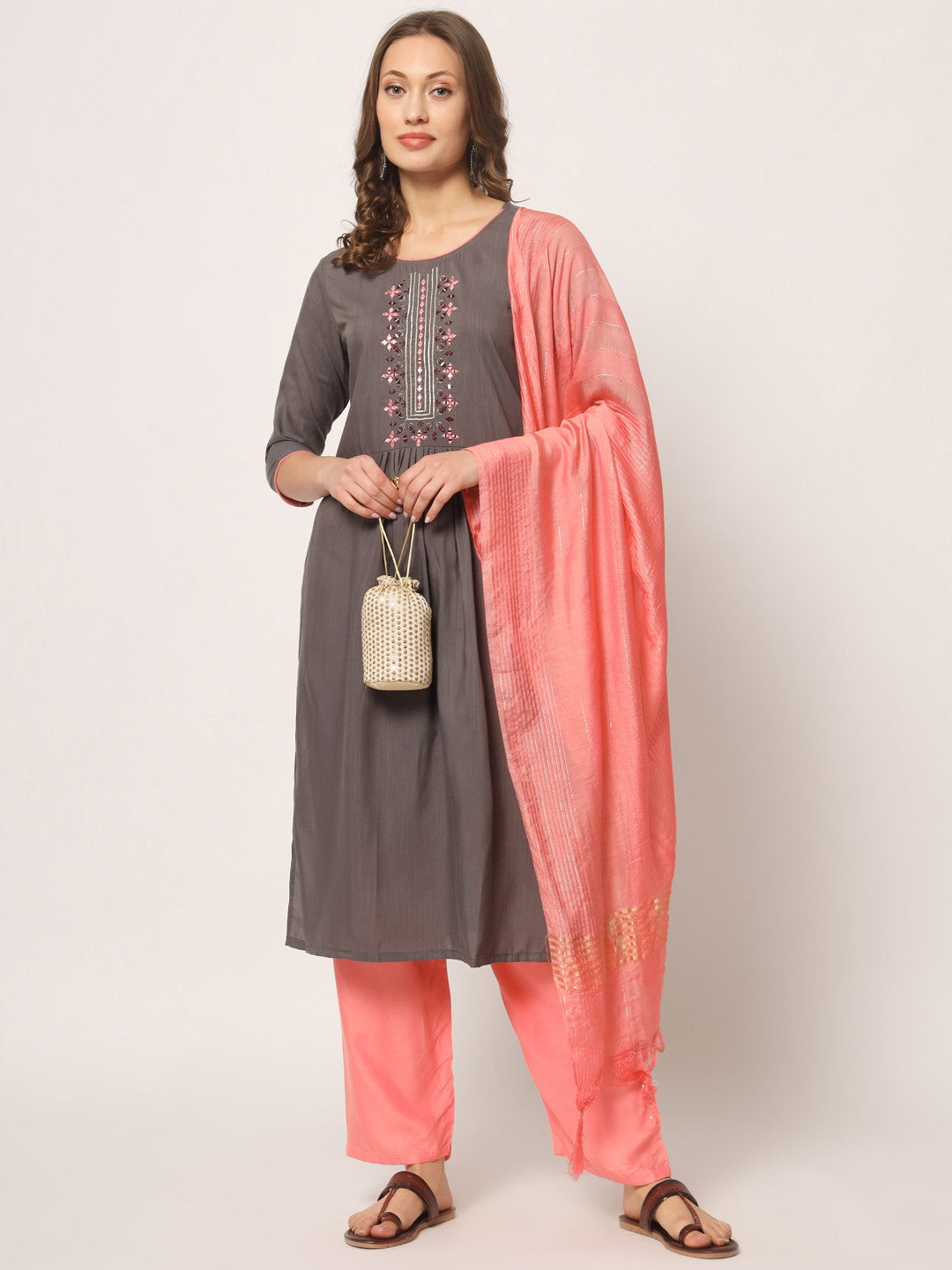 Grey Colour Reyon Embroidery With Mirror Casual Wear Kurta Pant Dupatta Set For Women's Dropshipera