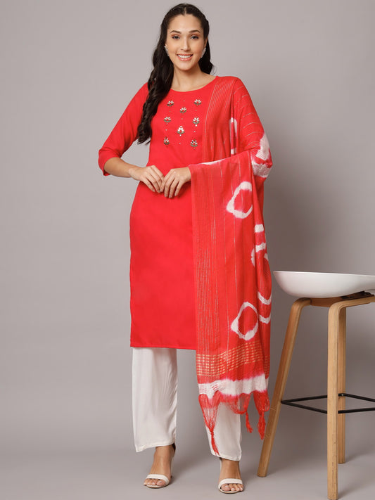 Pink Colour Reyon Embroidery With Mirror Casual Wear Kurta Pant Dupatta Set For Women's Dropshipera