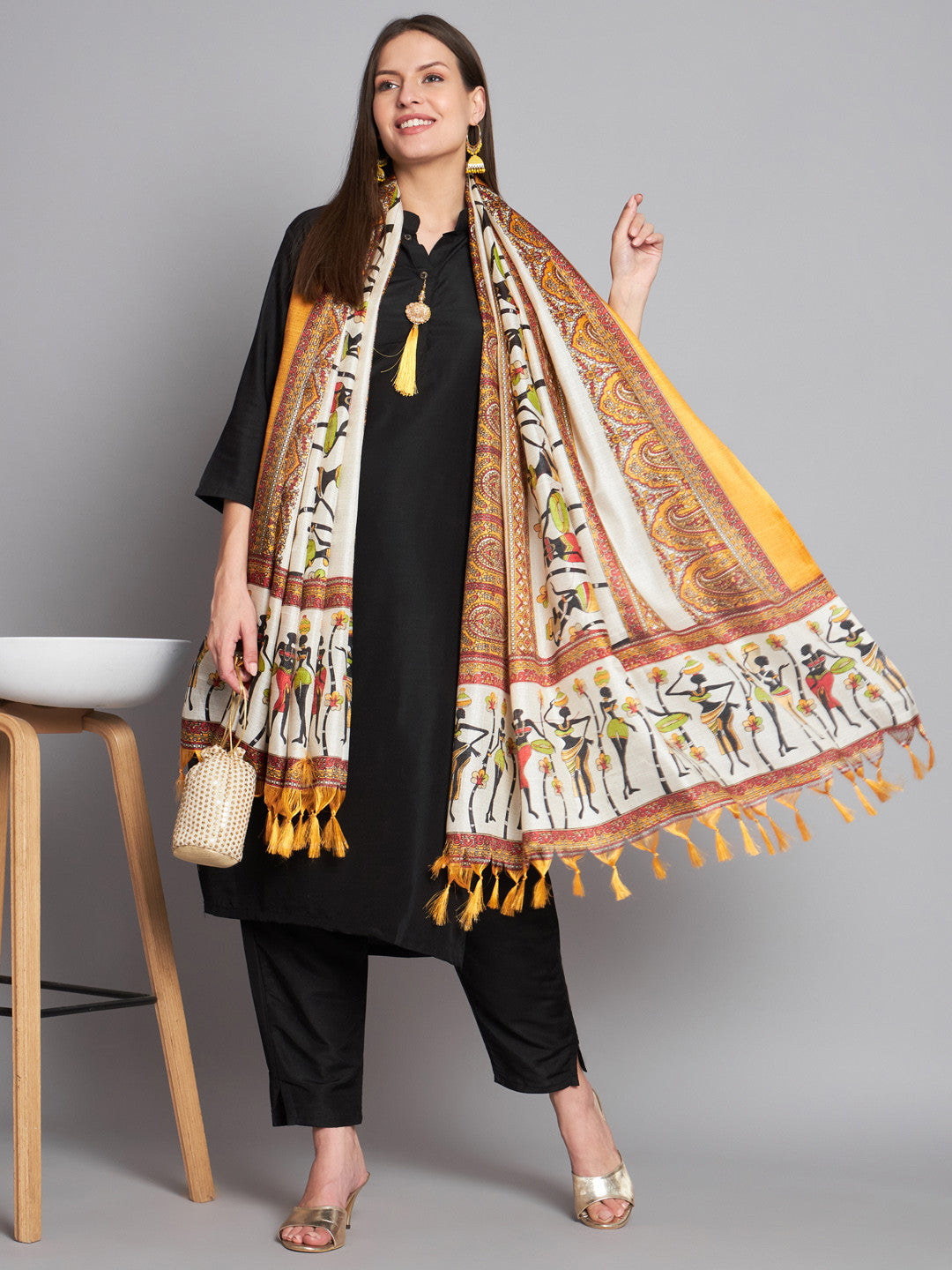 Black Colour Cotton Printed Dupatta With Kurta Pant Set For Women's Dropshipera