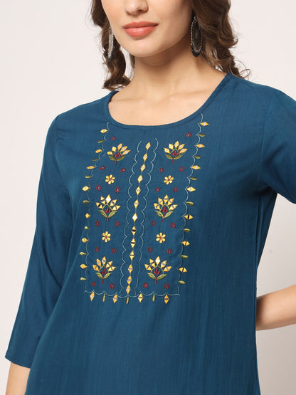 Blue Colour Reyon Embroidery With Mirror Casual Wear Kurta Pant Dupatta Set For Women's Dropshipera