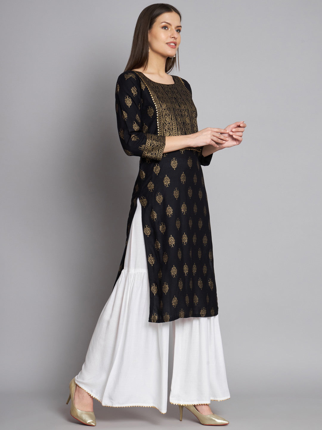 Black Colour Reyon Foil Print Party Wear Kurta Sharara Set Dropshipera