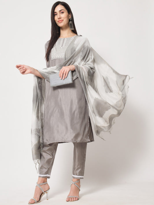 Grey Colour South Silk Embroidery Work Casual Wear Kurta Pant Dupatta Set For Women's Dropshipera