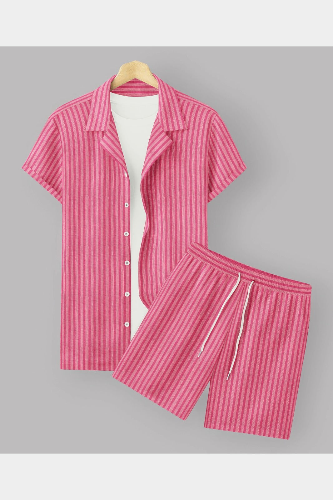 Pink Colour Men's Cotton Shirt And Shorts Set Short Sleeve Dropshipera