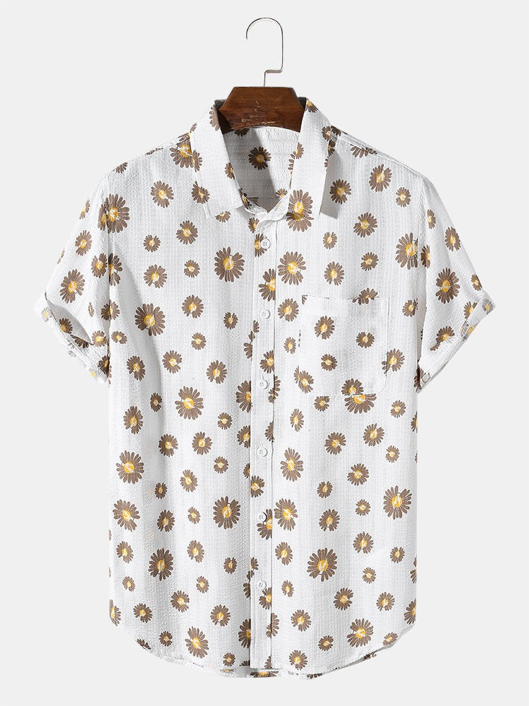 Men's Casual Wear Coffee Flower Printed Cotton Shirt Dropshipera