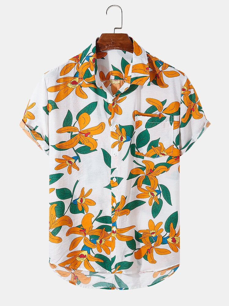 Men's Casual Wear Orange Colour Printed Cotton Shirt Dropshipera