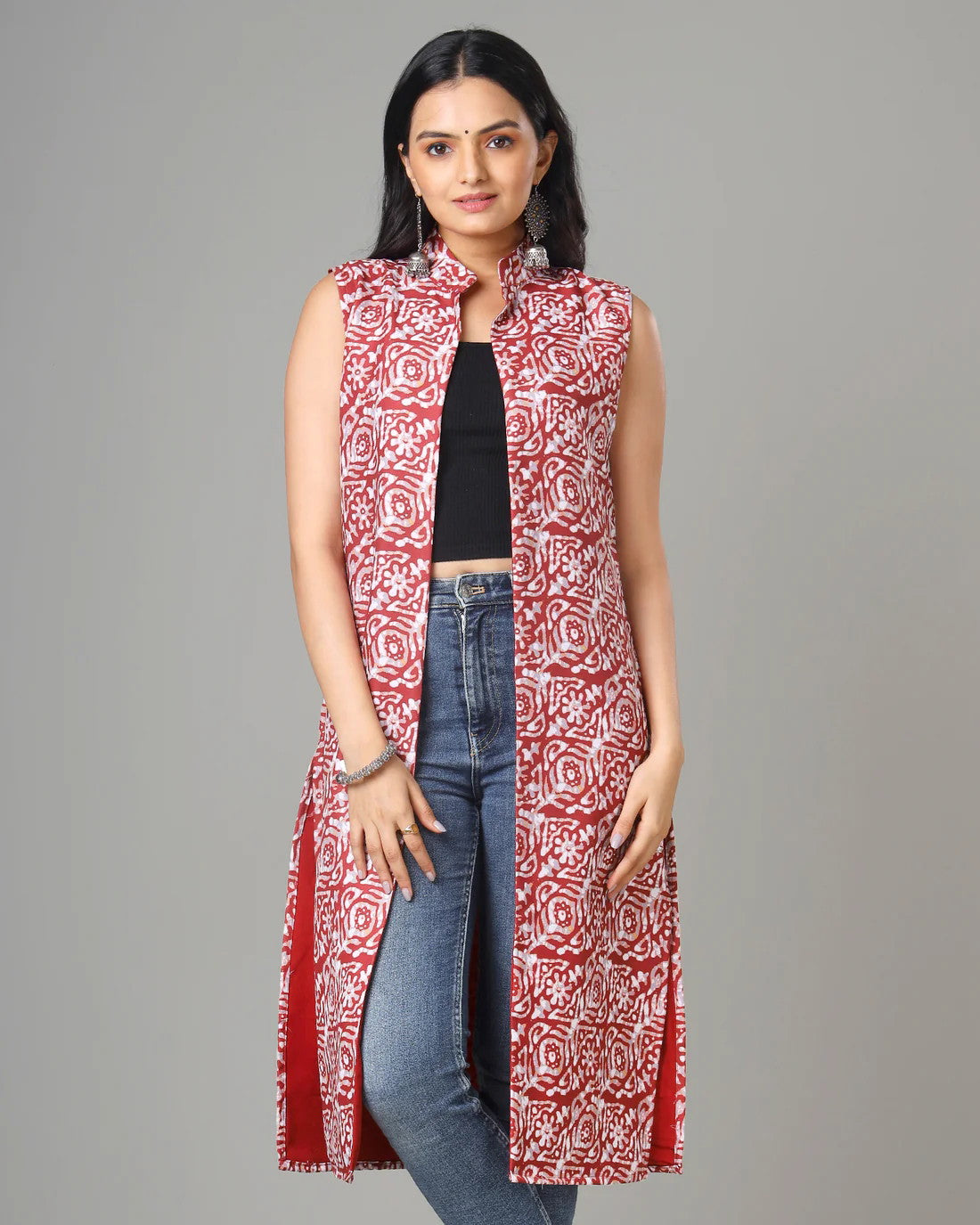 Maroon Colour Printed Long Jacket For Women's Dropshipera