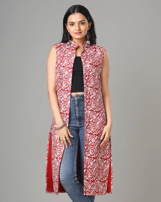 Maroon Colour Printed Long Jacket For Women's Dropshipera