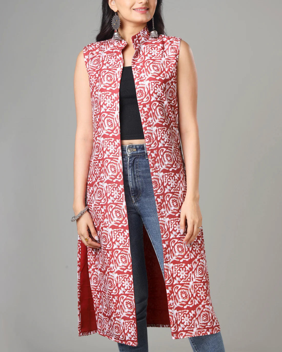 Maroon Colour Printed Long Jacket For Women's Dropshipera