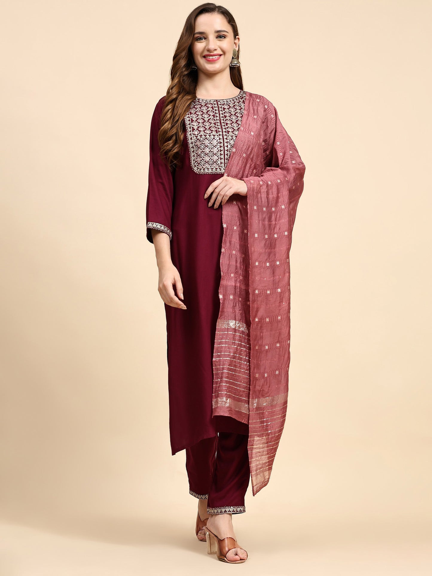 Maroon Colour Blend Silk Embroidery Work Party Wear Kurta Pant Dupatta Set For Women's Dropshipera