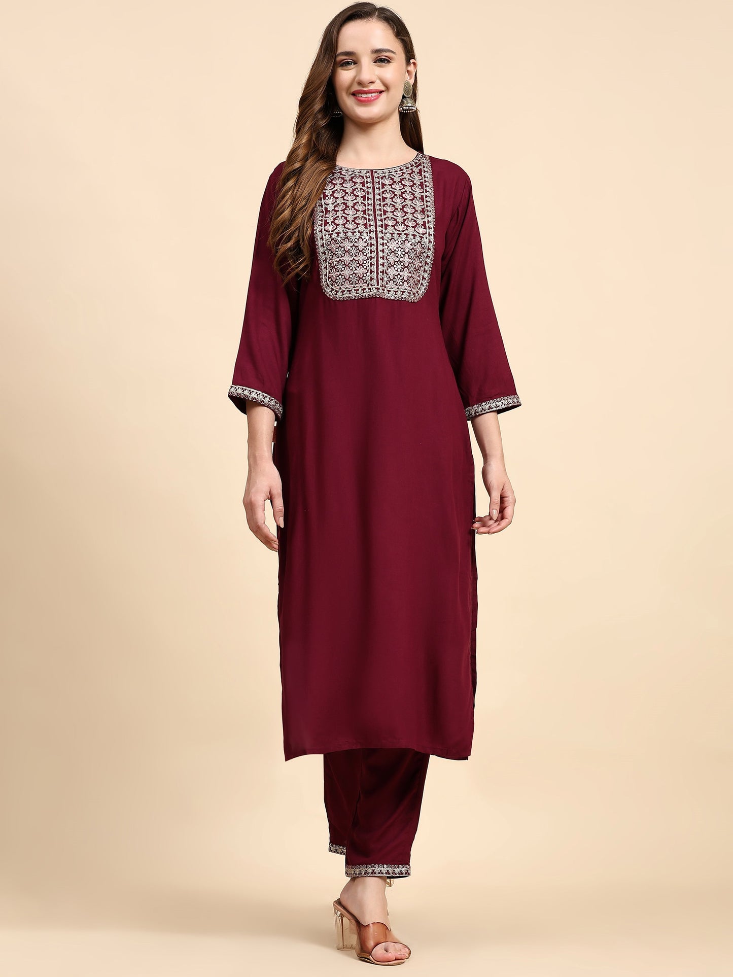 Maroon Colour Blend Silk Embroidery Work Party Wear Kurta Pant Dupatta Set For Women's Dropshipera