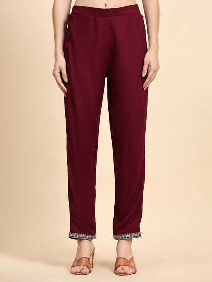 Maroon Colour Blend Silk Embroidery Work Party Wear Kurta Pant Dupatta Set For Women's Dropshipera