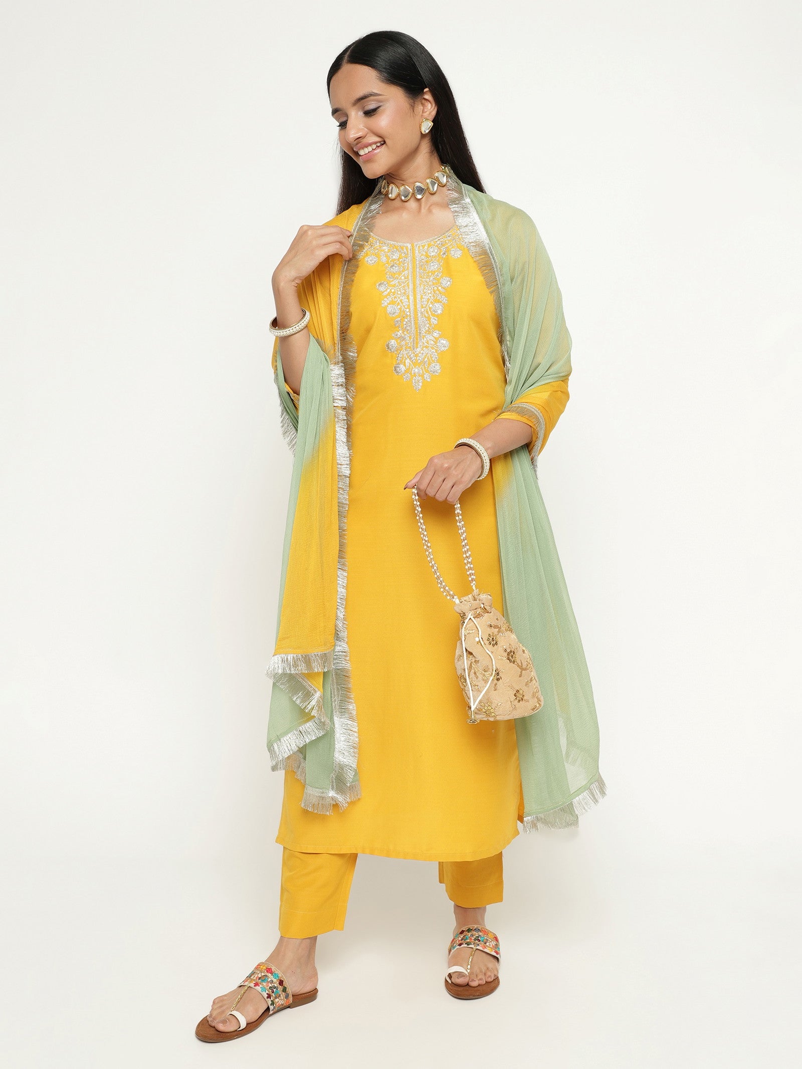 Yellow Colour Blend Silk Embroidery Work Party Wear Kurta Pant Dupatta Set For Women's Dropshipera