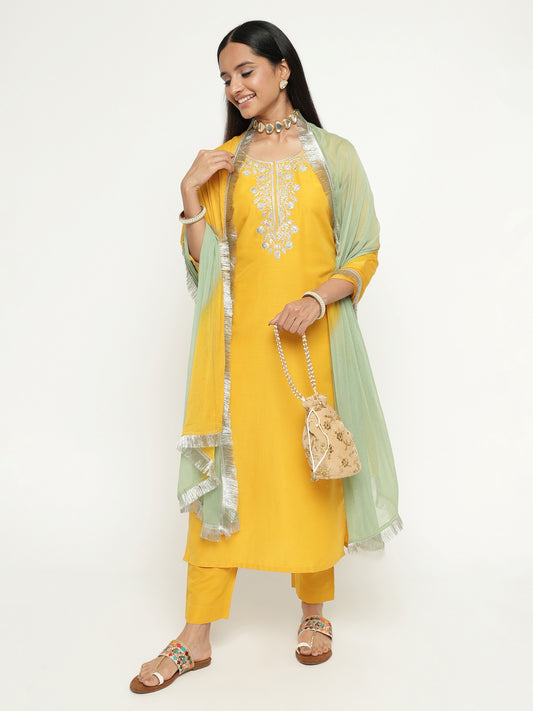 Yellow Colour Blend Silk Embroidery Work Party Wear Kurta Pant Dupatta Set For Women's Dropshipera