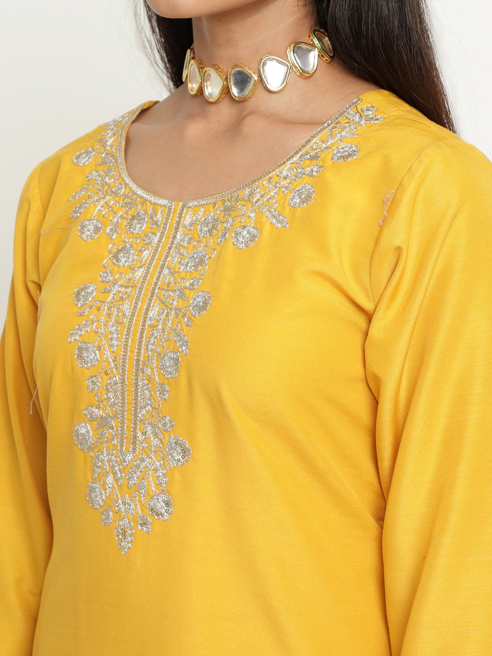 Yellow Colour Blend Silk Embroidery Work Party Wear Kurta Pant Dupatta Set For Women's Dropshipera