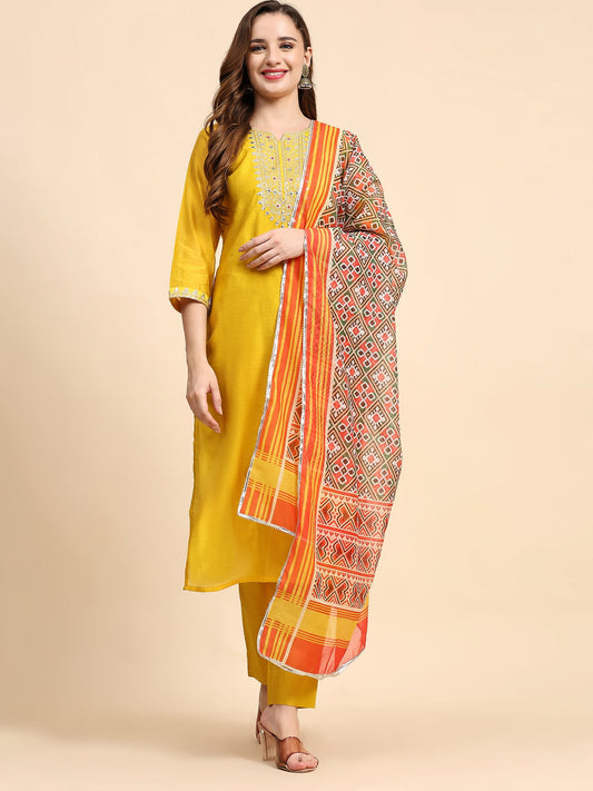 Yellow Colour Blend Silk Embroidery Work Party Wear Kurta Pant Dupatta Set For Women's Dropshipera