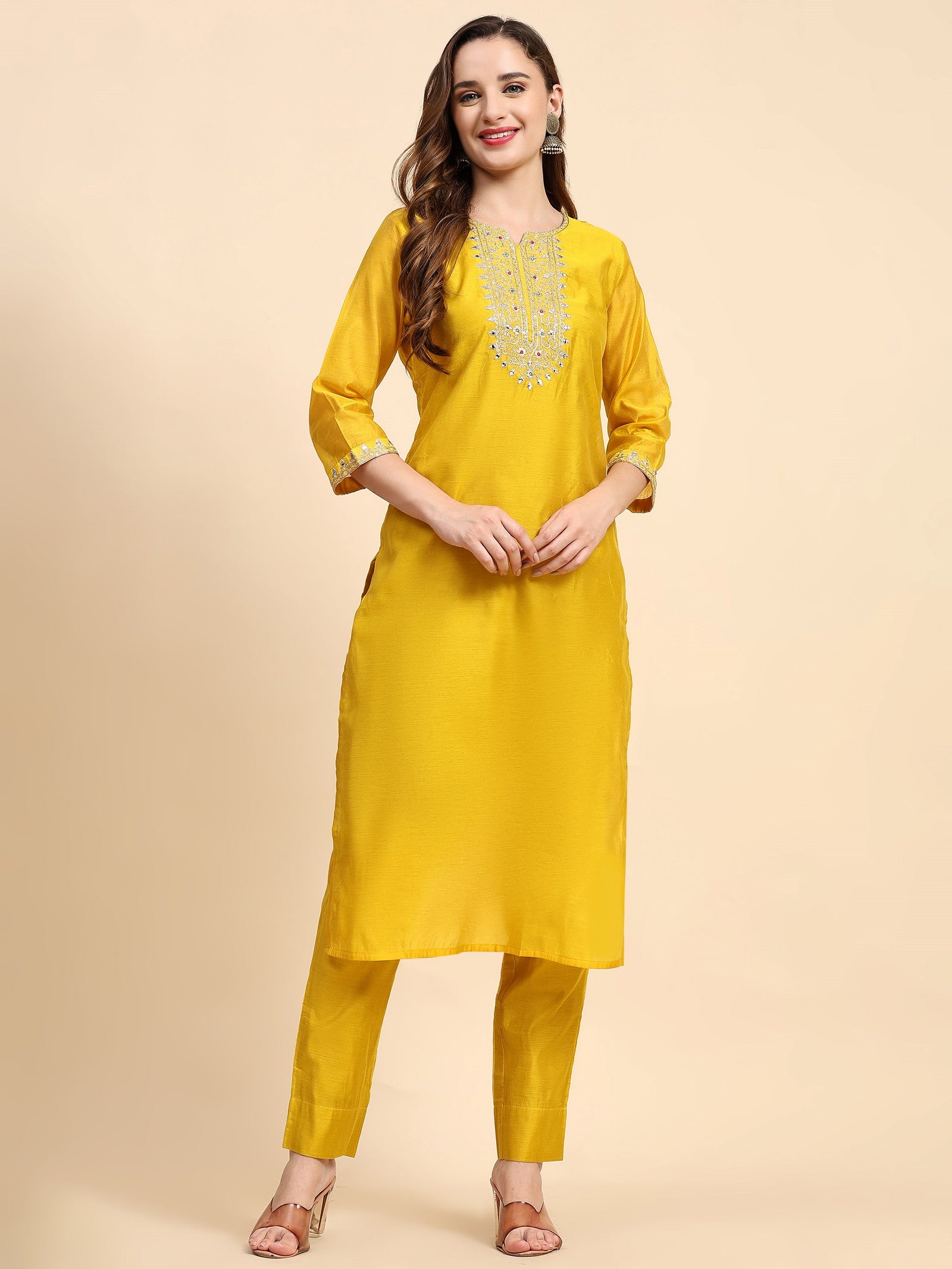 Yellow Colour Blend Silk Embroidery Work Party Wear Kurta Pant Dupatta Set For Women's Dropshipera