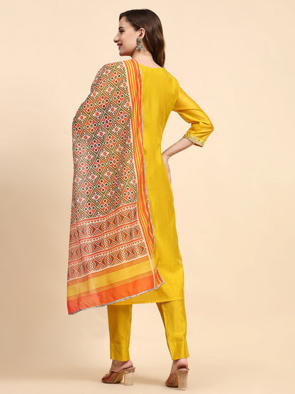 Yellow Colour Blend Silk Embroidery Work Party Wear Kurta Pant Dupatta Set For Women's Dropshipera