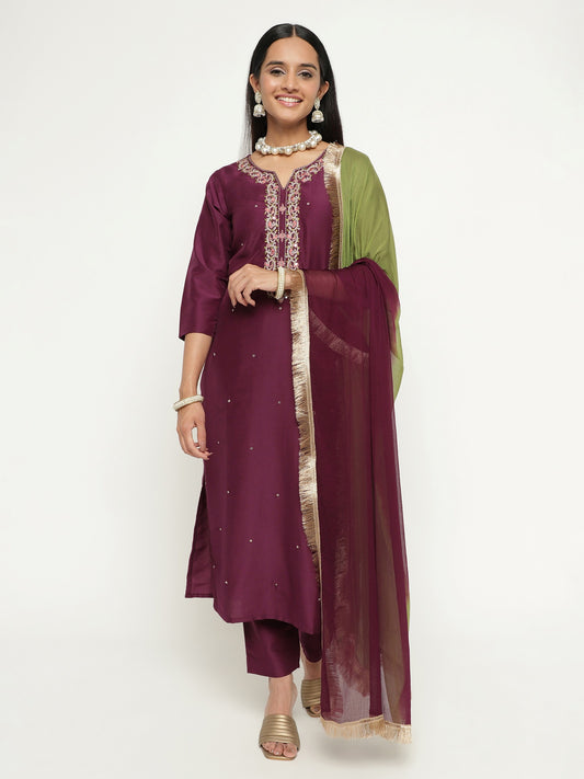 Wine Colour Blend Silk Embroidery Work Party Wear Kurta Pant Dupatta Set For Women's Dropshipera