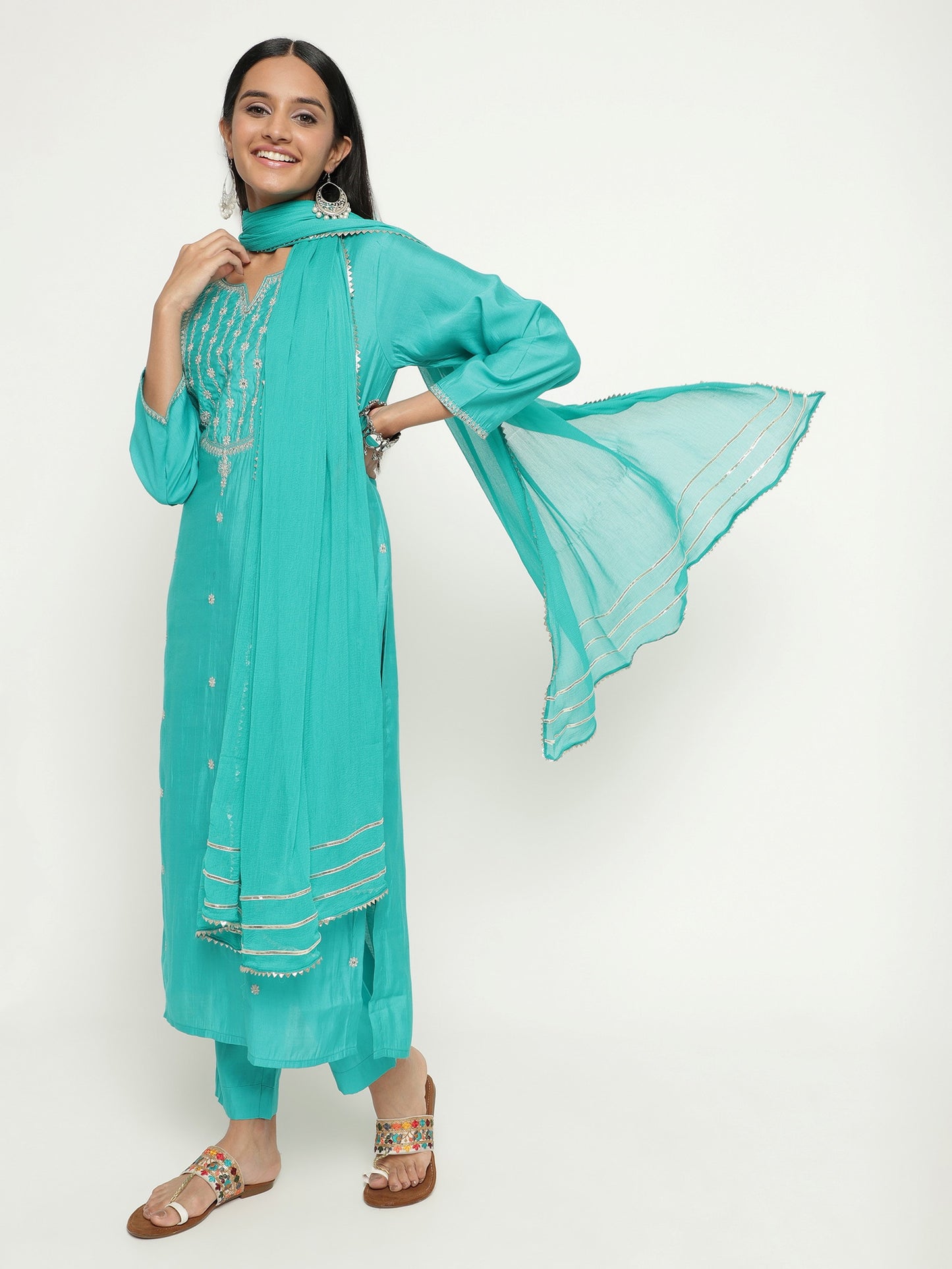 Aqua Colour Blend Silk Embroidery Work Party Wear Kurta Pant Dupatta Set For Women's Dropshipera