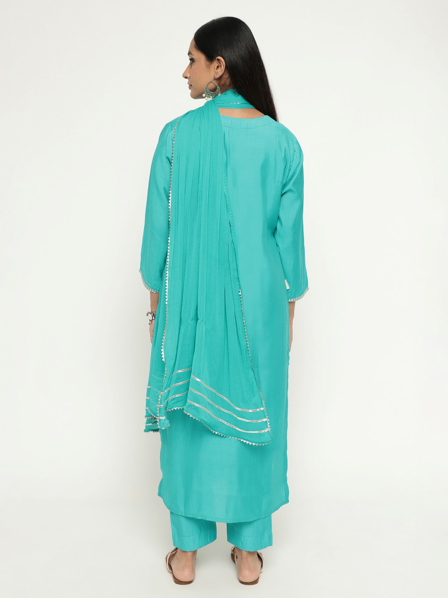 Aqua Colour Blend Silk Embroidery Work Party Wear Kurta Pant Dupatta Set For Women's Dropshipera