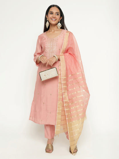 Pink Colour Blend Silk Embroidery Work Party Wear Kurta Pant Dupatta Set For Women's Dropshipera