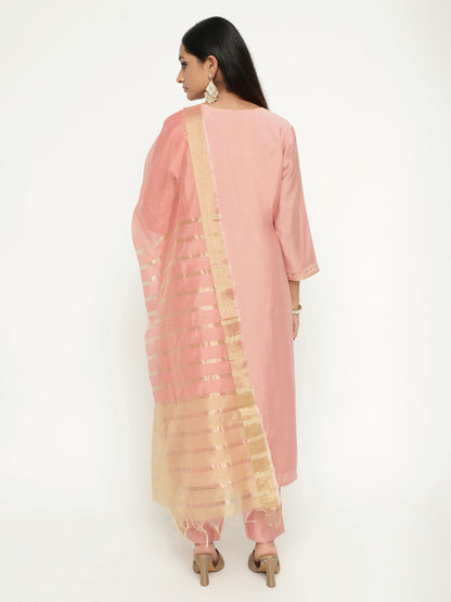 Pink Colour Blend Silk Embroidery Work Party Wear Kurta Pant Dupatta Set For Women's Dropshipera
