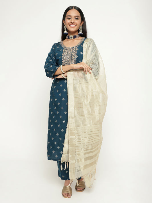 Blue Colour Blend Silk Embroidery Work Party Wear Kurta Pant Dupatta Set For Women's Dropshipera