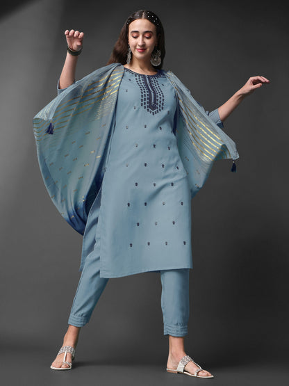 Sky Blue Rayon Slub Round Shape Embroidery Worked Kurta Set Dropshipera