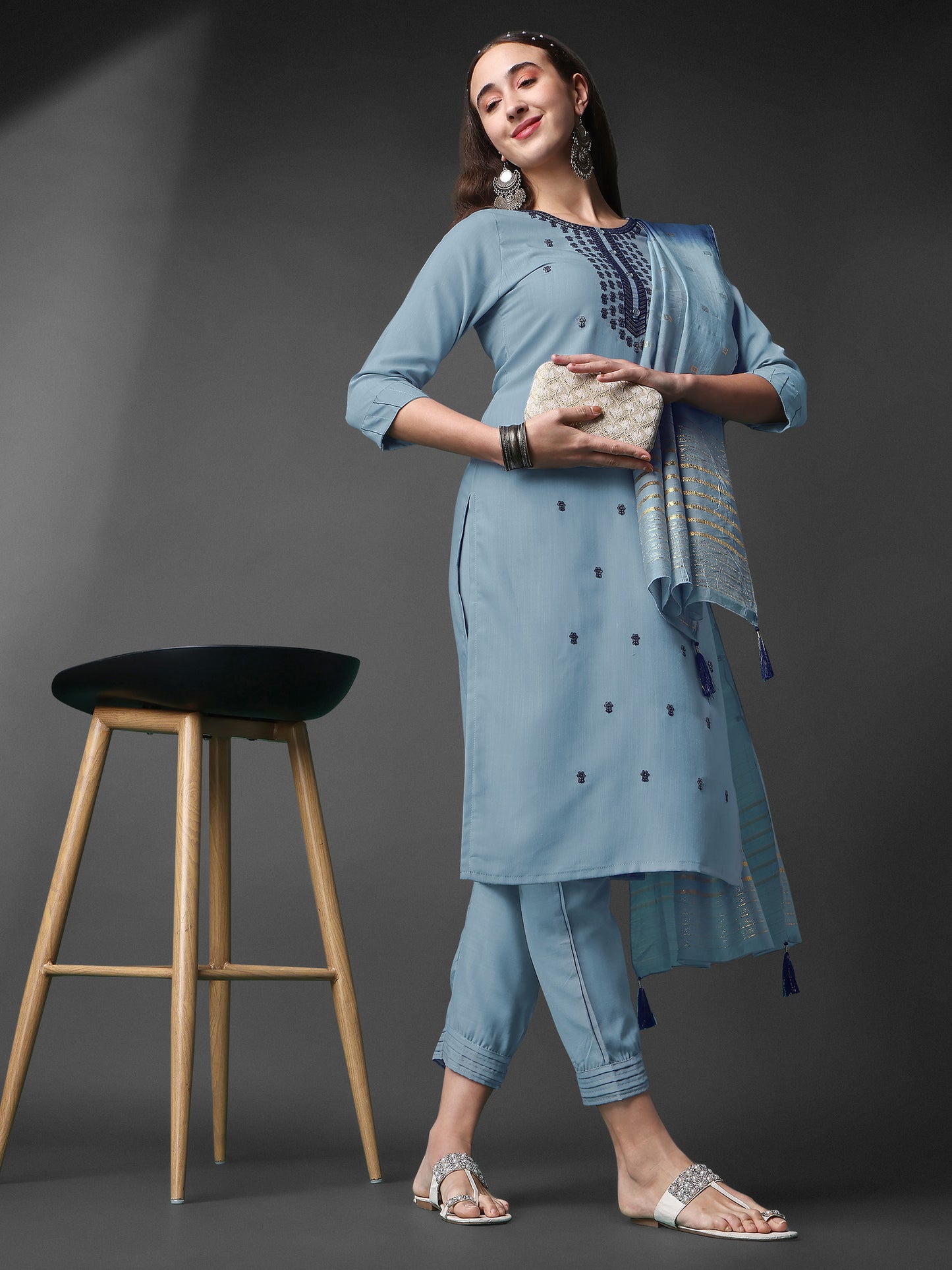 Sky Blue Rayon Slub Round Shape Embroidery Worked Kurta Set Dropshipera